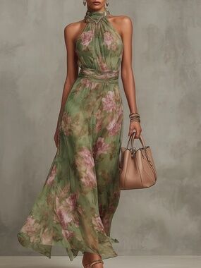 LAVECHIC NWT GREEN FLORAL CHIFFON HALTER MAXI DRESS